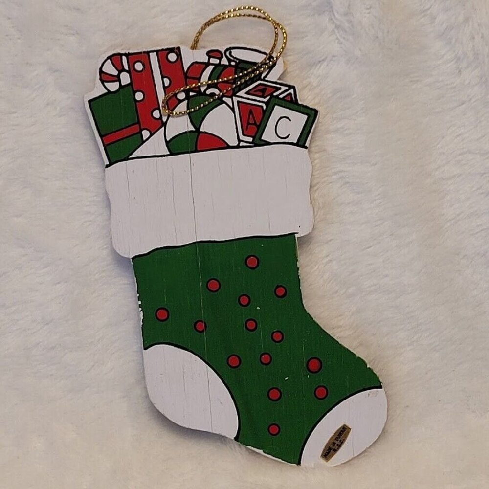 Vintage Wooden Christmas Stocking Ornament Santa Toys Custom Name Connie - Picture 3 of 6